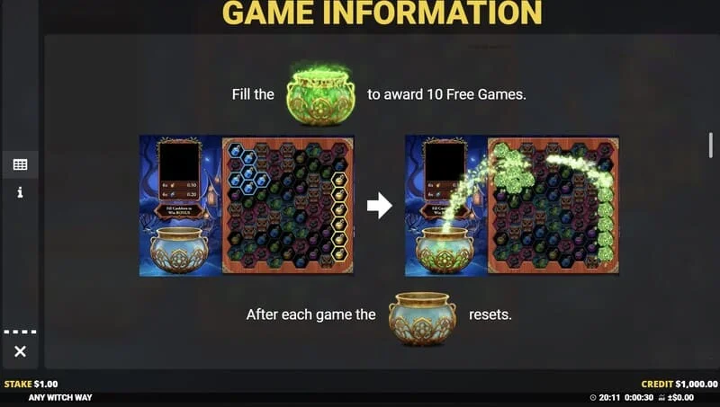 Any Witch Way – täidetud katel ja Free Gamesi käivitamine